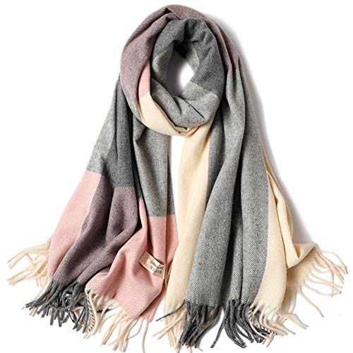 TECHONG Women's Winter Thickening Warm Wool Scarf - Fashion Soft Cashmere Feel Tassel Wool-Blend Plaid Neckerchief Cape Wraps