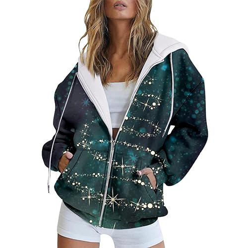 AMIMOJY Christmas Hoodies for Women Trendy Xmas Print Hooded Sweatshirt Zip Up Jacket Coat Long Sleeve Tops with Pocket