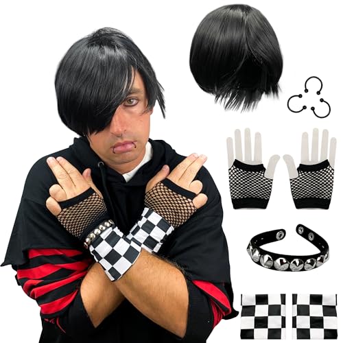 Watt's Wigs - Emo Costume Set for Men - 2000s Goth Pop Punk Scene Kid Party - Black Wig, Fake Piercings, Checkered Wristbands, Fishnet Gloves, and Studded Bracelet