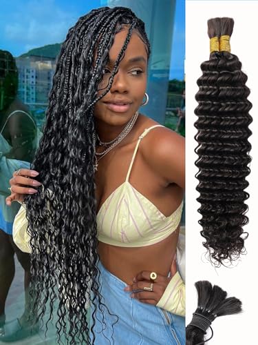 Human Braiding Hair 100g 16 Inch Deep Water Wave Bulk Human Hair for Braiding No Weft Bundle 10A Brazilian Virgin Curly Human Hair Extensions for Boho Braids Wet and Wavy Human Hair Braiding Hair