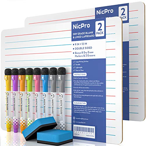Nicpro Dry Erase Lap Board 9 x 12 inches 2 Pack Ruled Kid Double Sided Blank & Lined Small Lapboard with 8 Pens, 2 Eraser, Learning Mini Whiteboard Portable for Student and Classroom Use