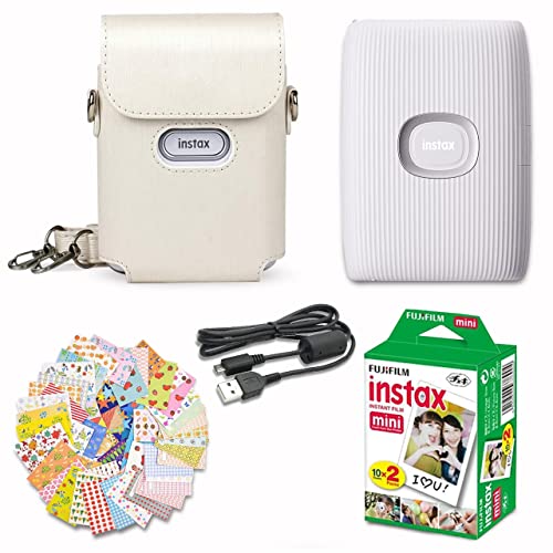 Fujifilm Instax Mini Link 2 Smartphone Printer Clay White + Fuji Film Value Pack (20 Sheets)+ Shutter Accessories Bundle, Incl. Protective Case, 20 Sticker Frames, USB Cable