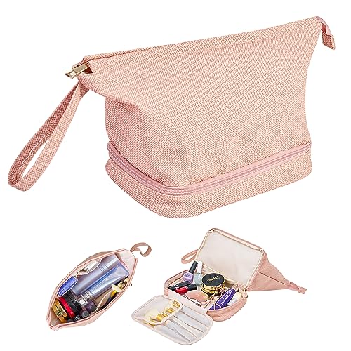 Oubonun Makeup Bags Double Layer Large Capacity Cosmetic Bag for Women Portable PU Leather Toiletry Roomy Make up Bags for Girls Large Travel Organizer Bag with Brush Compartment Pink