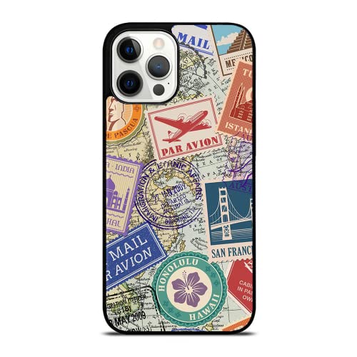 World Map Travel Passport Stamps Postage Stamp Case - Compatible with MagSafe iPhone 12/12 Pro - Durable Non-Slip TPU Rubber Shockproof Slim Case (Compatible with MagSafe 12/12 Pro) Black