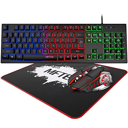 MFTEK Rainbow Gaming Keyboard and Mouse Combo, Wired RGB Backlit Gaming Keyboard and 4 Color Lighted Gaming Mouse Set with Mouse Pad for Computer PC Gamer Laptop Work