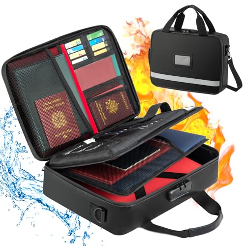 Uawsyut Fireproof Document Box, Waterproof Portable Home Lockable Important File Certificate Organizer, Family Emergency Storage Organizer Safe Travel Zipper Bag, Gift for Him, Black