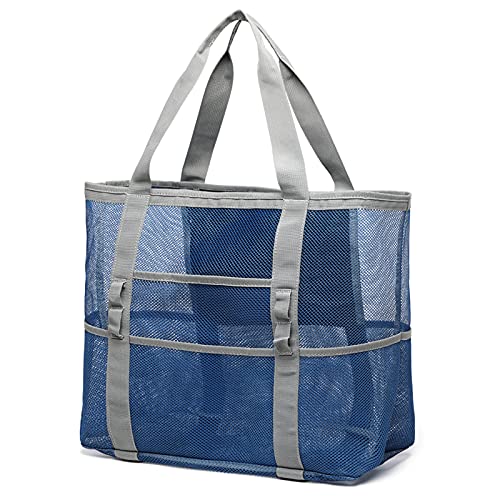 F-color Mesh Beach Bag - Oversized Beach Tote Bag for Women with 9 Pockets, Blue