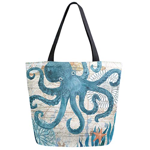 ZzWwR Vintage Nautical Octopus Starfish Old Map Print Extra Large Canvas Shoulder Tote Top Storage Handle Bag for Gym Beach Weekender Travel Reusable Grocery Shopping