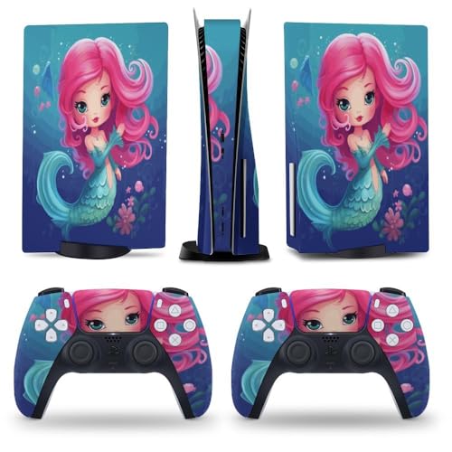 Buyidec Mermaid Pink Tail PS5 Skin Console and Controller Accessories Cover Skins Anime Vinyl Cover Sticker Full Set for Playstation 5 Disc Edition