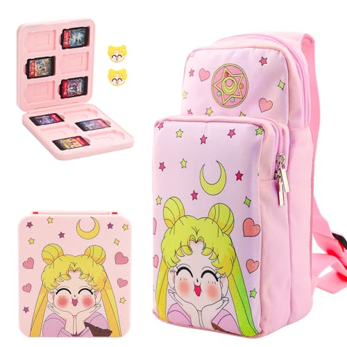 GLDRAM Travel Crossbody Bag Bundle for Nintendo Switch, Cute Carrying Case for Switch Lite & OLED, Portable Shoulder Bag Accessories Kit with Waterproof Game Case and Thumb Grip Caps for Sailor Moon