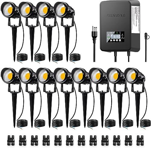 SUNVIE 12 Pack Low Voltage Landscape Lights with 300W Transformer 12-24V LED Landscape Lighting Kit 3000K Waterproof Aluminum Landscape Spotlights with Wire Connectors for House Yard Tree Garden