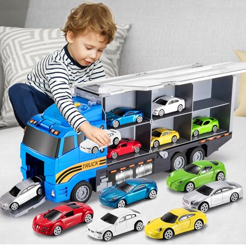 TEMI Transport Cars Carrier Set Toys w/Play Mat, Die-cast Vehicles Truck Alloy Metal Race Model Car Toys for Toddler Age 3-9 Kids Boys & Girls
