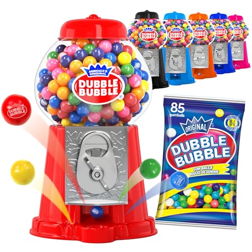 8.5' Coin Operated Gumball Machine Bank for Kids - Dubble Bubble Style Red Gum Dispenser With 45 Gumballs - Classic Candy Toy Bank