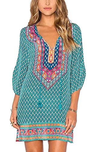 Women Bohemian Neck Tie Vintage Printed Ethnic Style Summer Shift Dress (M, Pattern 18)