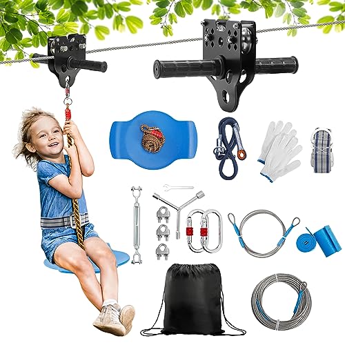 Rengue 120FT Zip Lines for Kids and Adults Outdoor up to 350 Lbs, Zip line Kits for Backyard W/Safety Harness Zip Line Kit, Stainless Steel Zip line Kits for Backyard,Playground Entertainment