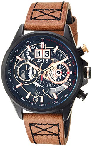 AVI-8 Men's Matador Stainless Steel Japanese-Quartz Aviator Watch with Leather Strap, Brown, 21.8 (Model: AV-4065-03)