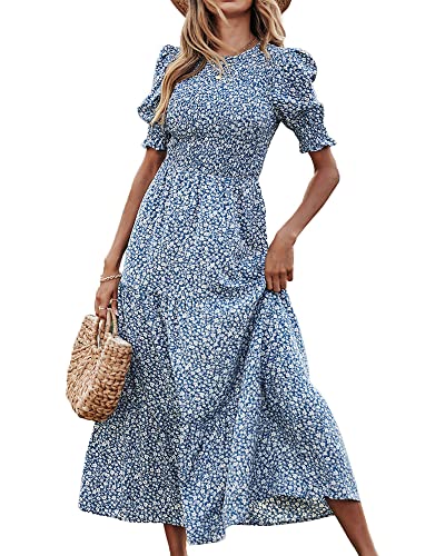 BTFBM Women Casual Summer Dresses 2023 Spring Crew Neck Ruffle Short Sleeve Floral Print Smocked Boho Flowy Maxi Dress(Floral Blue White, Small)