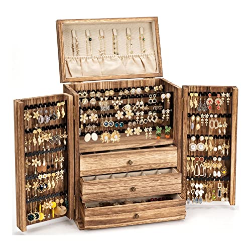 Poyilooo Jewelry Box Organizer, Large Jewelry Boxes for Women, Great Storage Earring Organizer Display for Necklace Earring Ring Bracelet, Rustic Wood Jewelry Organizer Box for Girls, Ideal Gift
