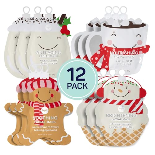 SpaLife Holiday Treats Facial Masks 12-Pack Assorted - Festive Christmas Skincare for Soothing and Nourishing - Gingerbread, Sundae, Cocoa & Eggnog