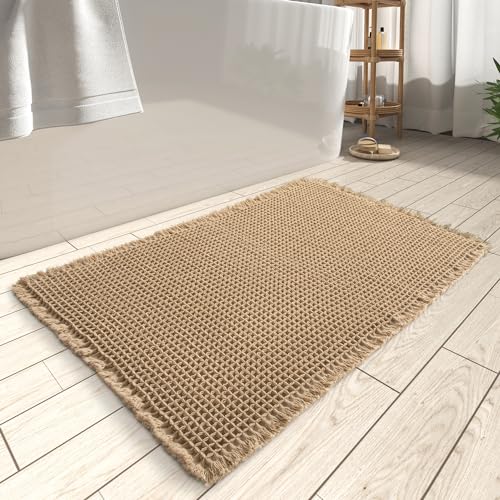 AMOAMI Upgraded Waffle Bath Mat, Super Absorbent Non Slip Bath Mats for Bathroom Floor, Machine Washable Bathroom Rugs with Tassels, Rubber Backed Bathroom Mats, Ultra Soft, 18' x 30', Brown