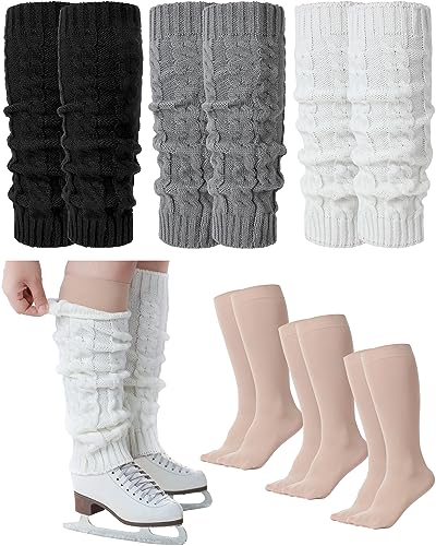 Chuarry 6 Pairs Skating Leg Warmer Sets for Women Girls Knit Long Leg Warmers Skating Socks Calf Socks Set for Figure Skating(Spiral Style)