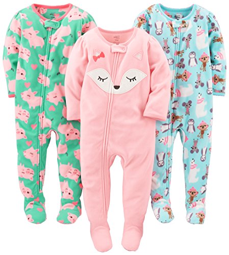 Simple Joys by Carter's Baby Girls' 3-Pack Loose Fit Flame Resistant Fleece Footed Pajamas, Blue Penguin/Green Pig/Pink Fox, 12 Months