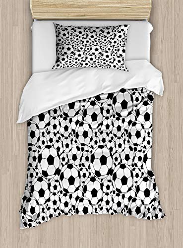 Ambesonne Soccer Duvet Cover Set, Monochrome Design Pattern of Classical Football Balls Cartoon Pattern Sports Themed, Decorative 3 Piece Bedding Set with 2 Pillow Shams, Twin Size, White Black