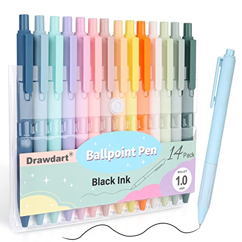 Drawdart 14 Pack Cute Ballpoint Pens for Note Taking,Pastel Pens Black Ink Medium Point 1.0mm,Retractable Pretty Office Supplies for Women & Men, Best Gift Journaling Pens for Smooth Writing