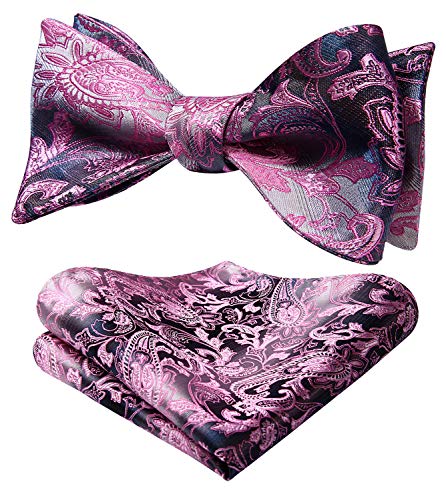 HISDERN Pink Black Bow Ties for Men Floral Paisley Self Tie Bow Tie Pocket Square Set Classic Formal Business Bowties Handkerchief Tuxedo Wedding