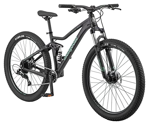 Mongoose Impasse Full Suspension Mountain Bike, Men and Women, 17-Inch Aluminum Frame, 27.5-Inch Wheels, Front and Rear Mechanical Disc Brakes, Twist Shifters, 21-Speed Rear Deraileur, Matte Black