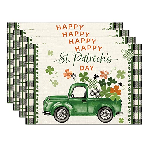 Happy St. Patrick's Day Placemats Set of 4,12x18 Inch Truck with Shamrock Buffalo Plaid Heat-Resistant Place Mats,Green Irish Table Decors for Seasonal Farmhouse Kitchen Dining Holiday Party