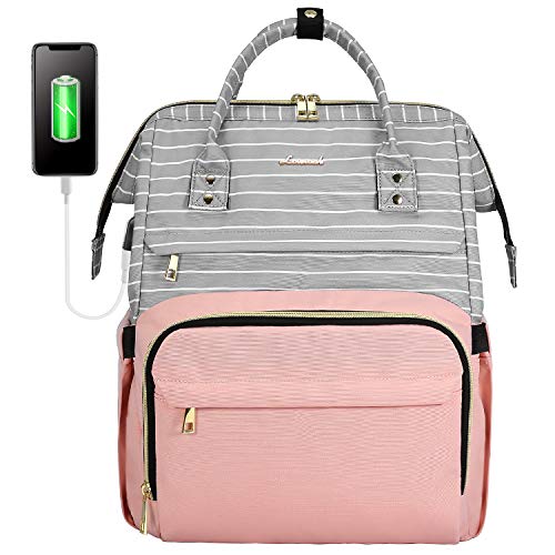 LOVEVOOK Laptop Backpack for Women Laptop Bag Computer Bag Teacher Work Bag Backpack Purse Rucksack,Stripe Grey and Pink