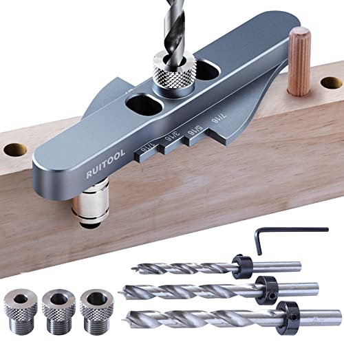 Ruitool Dowel Jig Kit, Self-centering Line Scriber Woodworking Tools, Drill Guide for Straight Holes,Including Drill Bit Set 1/4', 5/16', 3/8' & Drill Bit Stop Collar Set,Drill Jig for Hand Tools