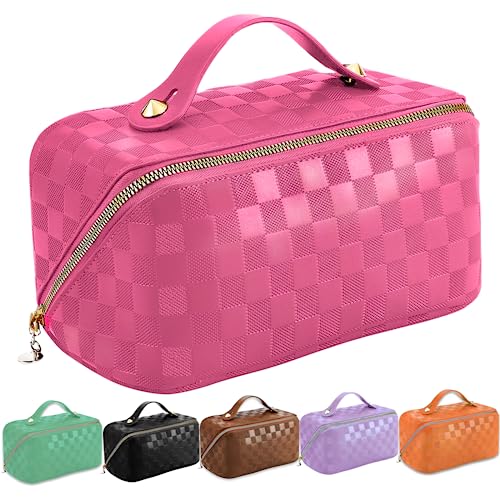 GUZINC Makeup Bag - Large Capacity Cosmetic Bag, Portable Water-resistant Women Travel Makeup Bag Organizer, with Handle and Divider Flat Lay Checkered Makeup Bags