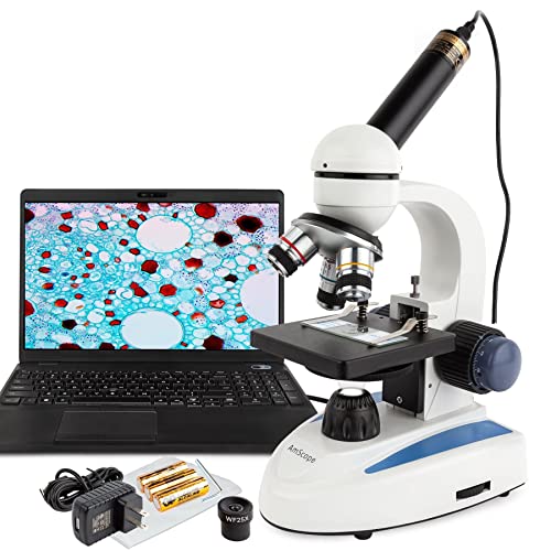 AmScope M158C-E Compound Monocular Microscope, WF10x and WF25x Eyepieces, 40x-1000x Magnification, Brightfield, LED Illumination, Plain Stage, 110V, Includes 0.3MP Camera and Software