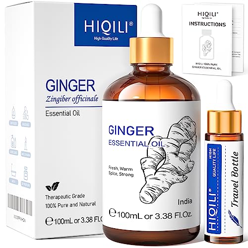 HIQILI Pure Ginger Essential Oil 3.38 Fl Oz, Pure Natural Premium Ginger Oil for Massage, Diffuser, Large Bottle with Dropper & Gift Box -100ml