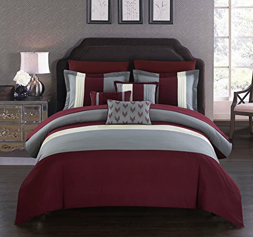 Chic Home BCS00804-AN Ayelet - 10 Piece Comforter Set Color Block Ruffled Bed in a Bag Bedding, Burgundy, Queen