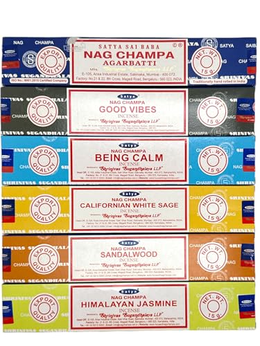 Satya Nag Champa Sandalwood White Sage Good Vibes Jasmine Being Calm - Satya Incense Sticks Assorted Set of 6 Pack (Satya Assorted Pack - 1)