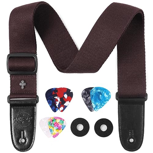 WeBingo Guitar Strap, Adjustable Classical Guitar Straps For Electric Guitar Strap with 2 Buttons & 6 Guitar Picks (Brown)