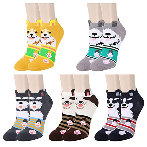 Benefeet Sox Women Funny Ankle Socks Fun Cute Dog Low Cut Socks for Girls Novelty Crazy Cartoon Socks Silly Funky Kawaii Short Socks Colorful Animal Pattern Designed Socks Christmas Gifts, 5 Pack-Dogs
