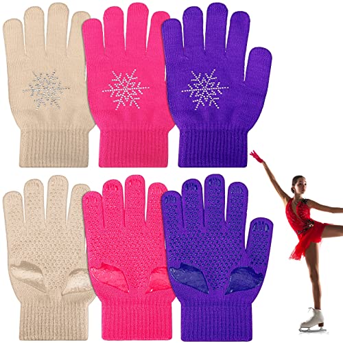 Jiuguva 3 Pairs Ice Skating Gloves Figure Skating Accessories Gloves with Snowflake Rhinestone Knit Gloves for Kid Girl (Skin Color, Purple, Pink)