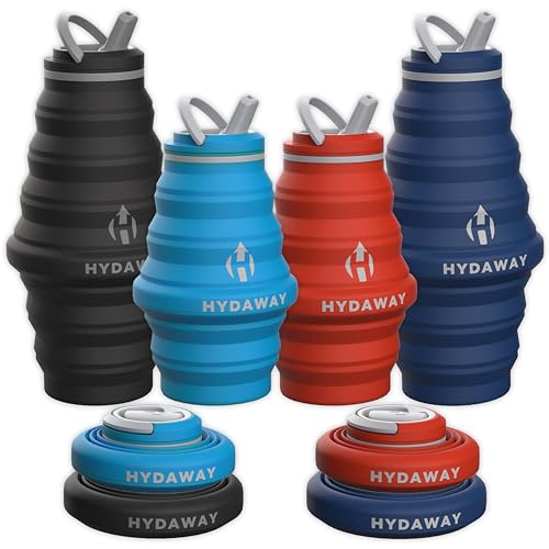 HYDAWAY Collapsible Water Bottles | 17oz & 25oz Family 4-Pack I Reusable Water Bottles with Flip Top Lid for Travel and Everday Adventures