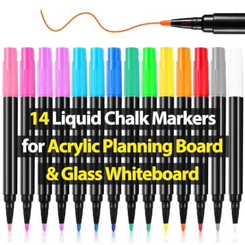 Liquid Chalk Markers for Acrylic Calendar Planning Board Clear Glass Dry Erase Board Whiteboard Window Mirror Christmas Halloween Painting, 14 Pack, 12 Vibrant Colors, 1mm Fine Points, Easy Wet Erase