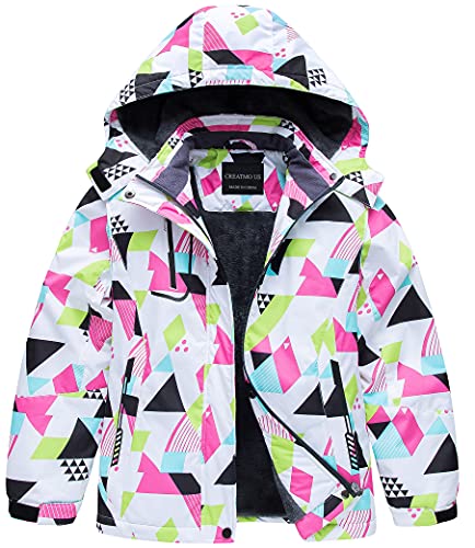 CREATMO US Girl's Waterproof Winter Snow Coat Hooded Windproof Ski Fleece Jacket Geometry 14/16