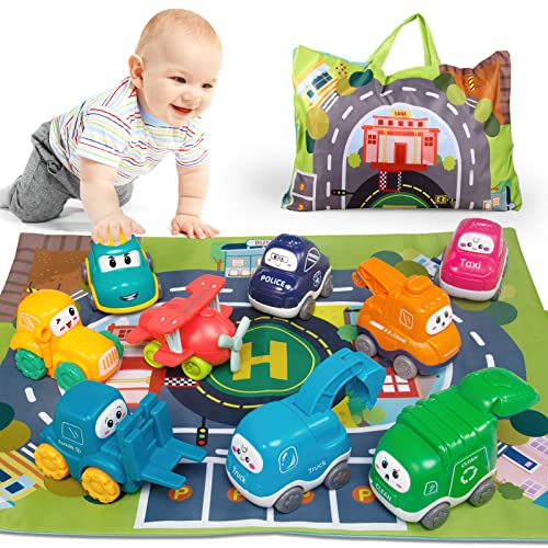 ALASOU 9 PCS Baby Truck Car Toys with Playmat/Storage Bag|1st Birthday Gifts for Toddler Toys Age 1-2|Baby Toys for 1 2 3 Year Old Boy|1 2 Year Old Boy Birthday Gift for Infant Toddlers