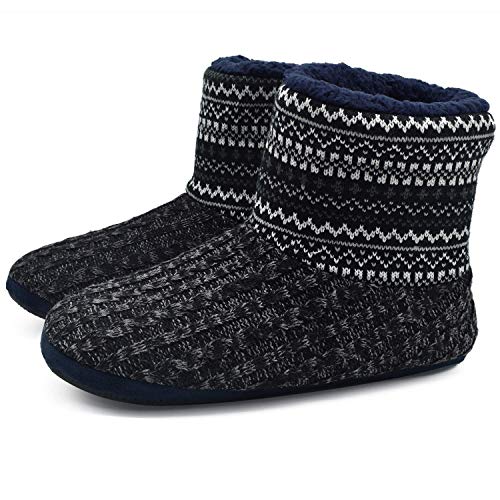 GPOS Knit Rock Wool Warm Men Indoor Pull on Cozy Memory Foam Slipper Boots Soft Rubber Sole Black/White