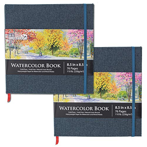 U.S. Art Supply 8.5' x 8.5' Watercolor Book, 2 Pack, 76 Sheets, 110 lb (230 GSM) - Linen-Bound Hardcover Artists Paper Pads - Acid-Free, Cold-Pressed, Brush Painting & Drawing Sketchbook Mixed Media