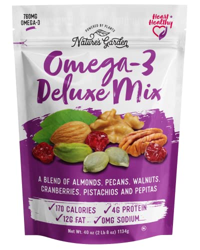 Nature's Garden Omega 3 Deluxe Mix - Healthy Trail Mix, Power Up Mega Omega Trail Mix Nuts, Heart Healthy, Gluten Free, Cholesterol Free, Sodium Free, No Artificial Ingredients - 40 Oz Bag