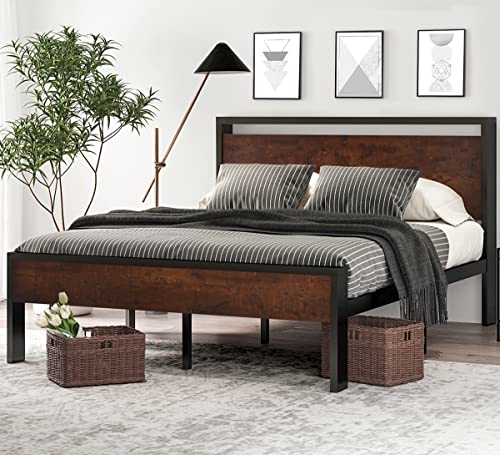 SHA CERLIN 14 Inch Queen Size Metal Platform Bed Frame with Wooden Headboard and Footboard, Mattress Foundation, No Box Spring Needed, Large Under Bed Storage, Mahogany