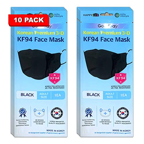 HAPPY LIFE Co., Ltd. [PACK OF 10] GOODDAY ENGLISH BLACK KF94 Certified Comfortable Safety Face Mask made for Adult, Made in KOREA 10PCS individually packaged -Black